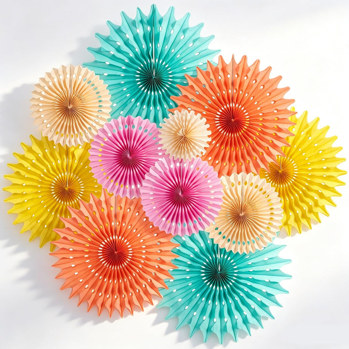 SUNBEAUTY Pack of 11 Peach Pink Yellow Mint Green Hanging Honeycomb Round Paper Fans for Birthday