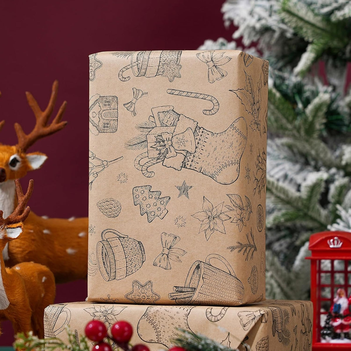 Ulmasinn Vintage Christmas Wrapping Paper Roll - Brown Kraft Paper 17" x33ft - with Cutting Line