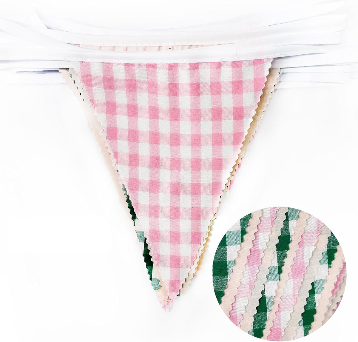 32Ft Pink Green Gingham Camp Bride Banner Green Pink Plaid Checkered Fabric Triangle Flag Pennant