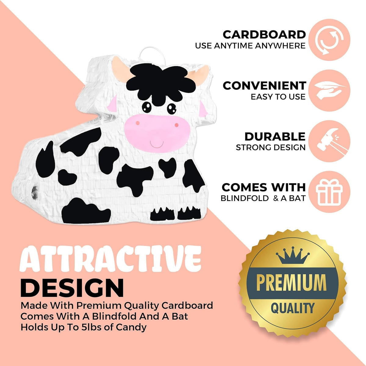 Milk Cow Pinatas Bundle with a Blindfold and a Bat (16 x 13 x 4 Inches), Perfect for kid's Birthday