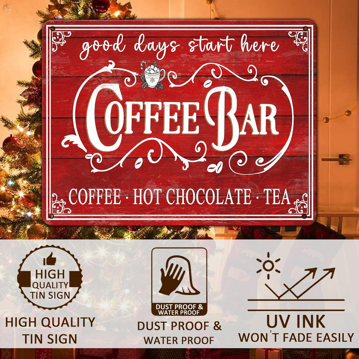 Vintage Christmas Coffee Bar Tin Sign - Kitchen Decor - Tea Bar Accessories - Hot Chocolate - Retro