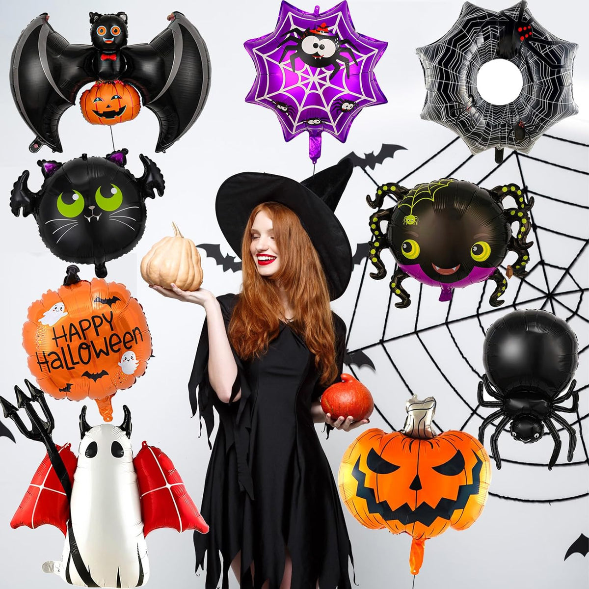 Halloween Balloons Set - 9Pcs Foil Ghost, Spider, Pumpkin & Bat Balloons for Scary Party