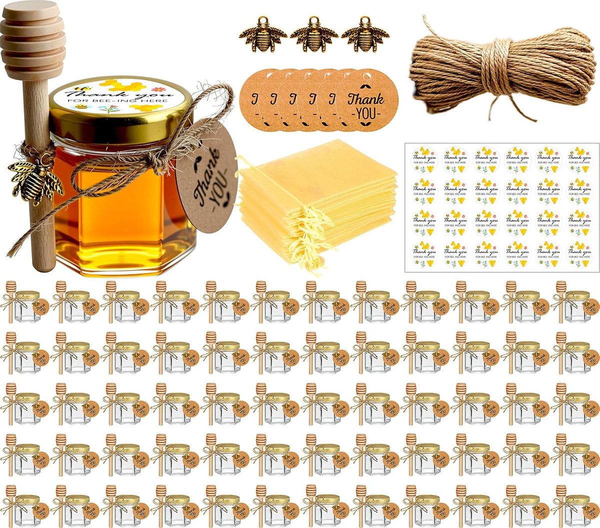 Adabocute Mini Honey Jars with Dipper - Hexagon Honey Pot Set with Gold Lid, Bee Pendants, Jutes