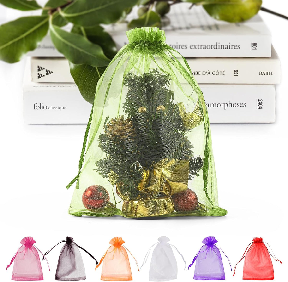 ANZNKU 50 Pack Green Organza Bags 6x9 inches Mesh Bags Drawstring, Gift Pouch for Party Wedding
