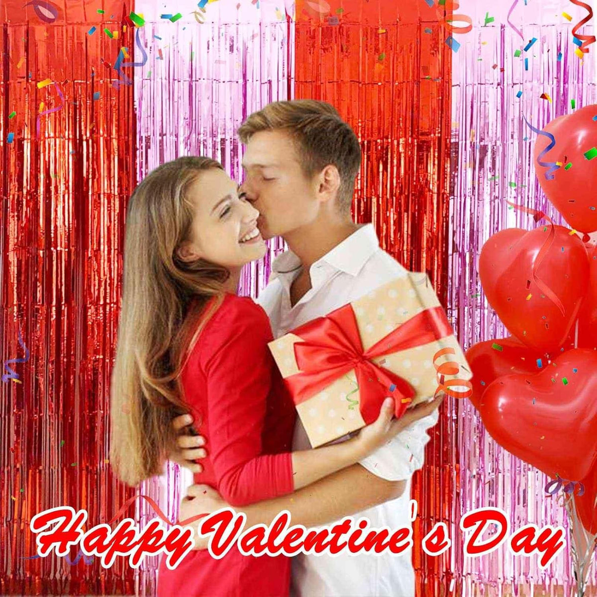 Valentines Backdrop Decorations - 4 Pack of 3.2x8.2ft Red Pink Foil Fringe Curtains Streamers