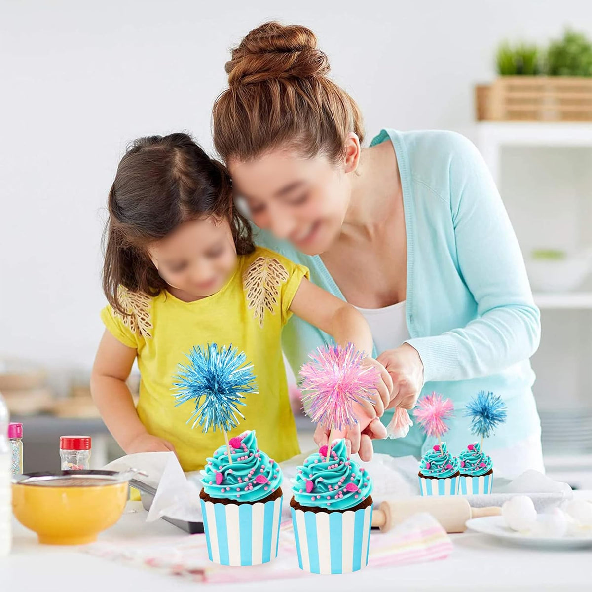Ephlyn 30Pcs Foil Firework Cupcake Toppers Sparkle Tinsel Cupcake Picks Happy Birthday Cake
