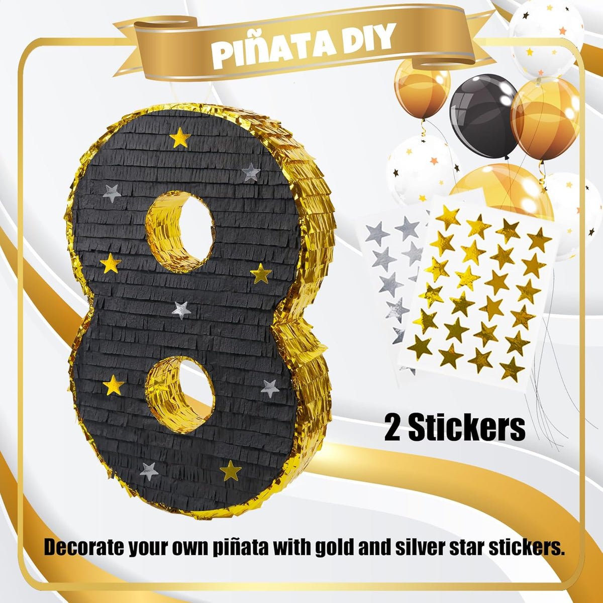 PCFING 20 Inch Number 8 Piñata Gold Black with 30 Inch Piñata Stick Blindfold Confetti for Man