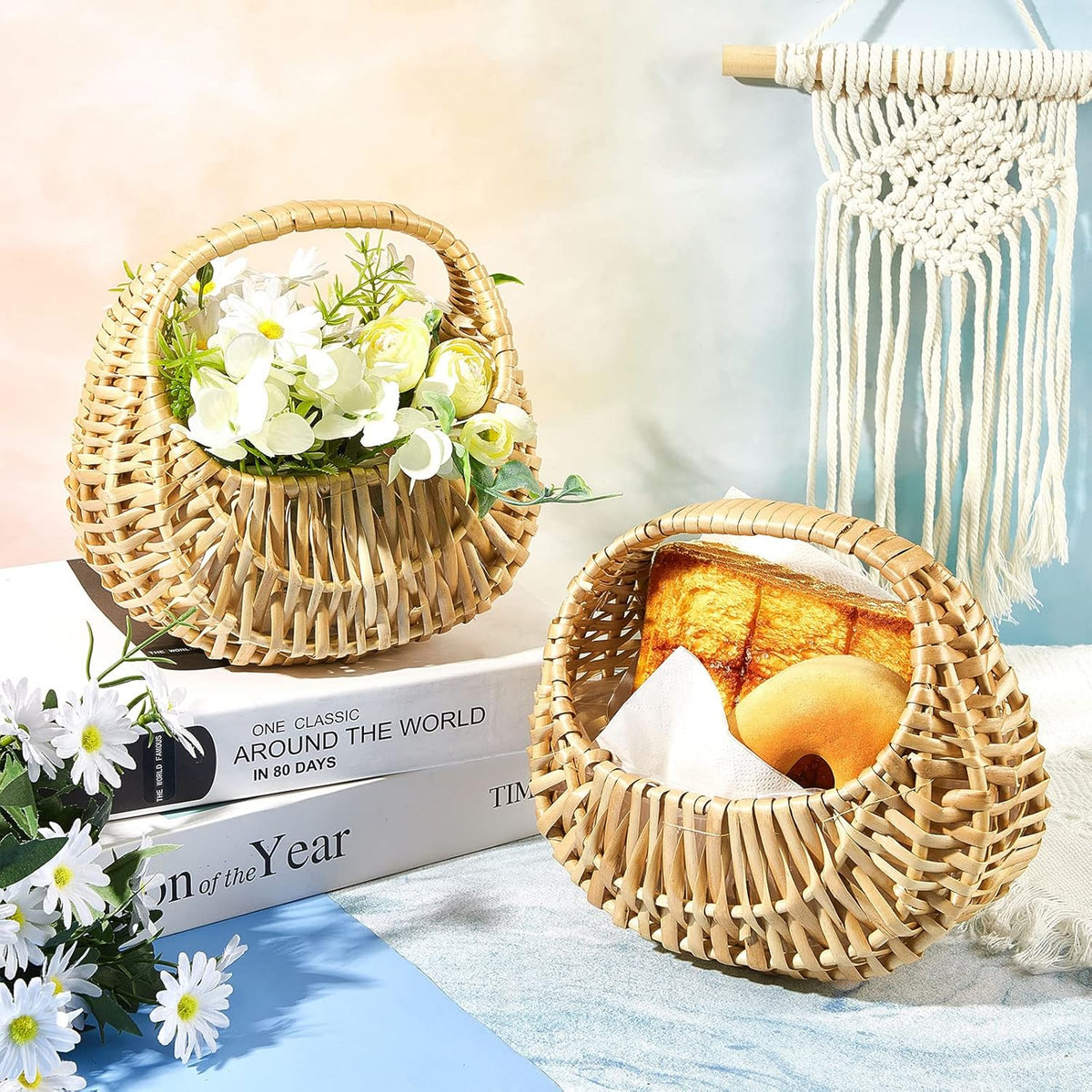 Taiyin 6 Pack Rattan Flower Girl Basket Small Half Moon Straw Wicker Basket with Handle Ideal for