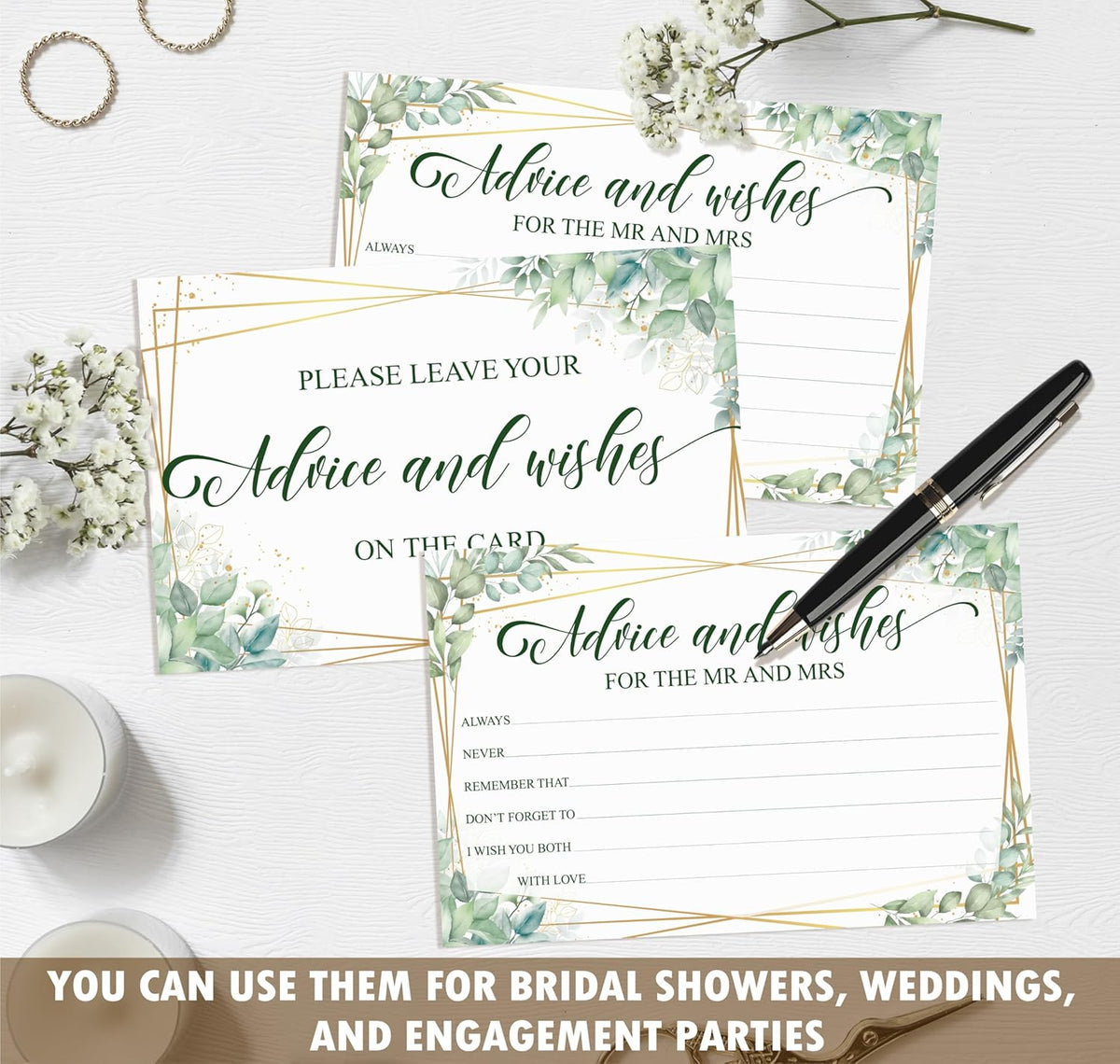 Advice And Wishes Cards For the Mr & Mrs, Gold Foil Greenery Wedding Advice Card For Bride Groom