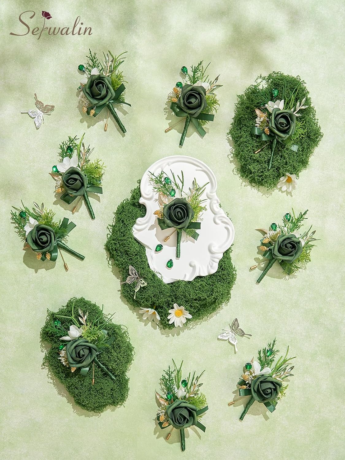Serwalin 10Pcs Boutonniere for Men, Green Groom and Best Man Boutonniere, Artificial Flowers for