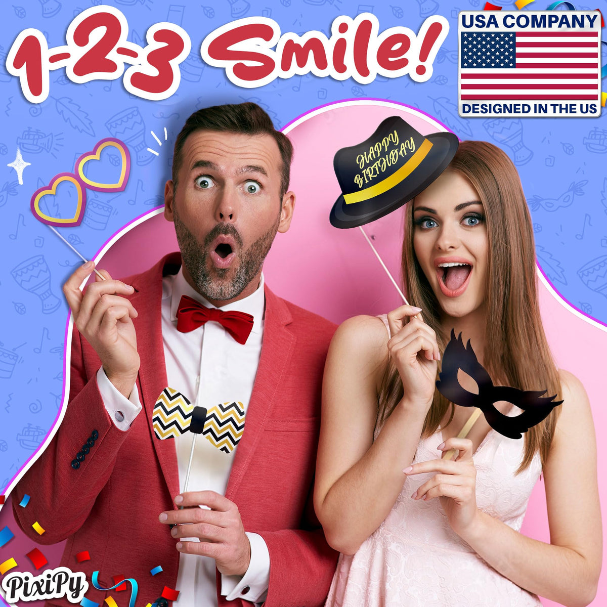 Premium Birthday Photo Booth Props Kit - 54 pc, Multicolored - Happy Birthday Party Fun Photobooth