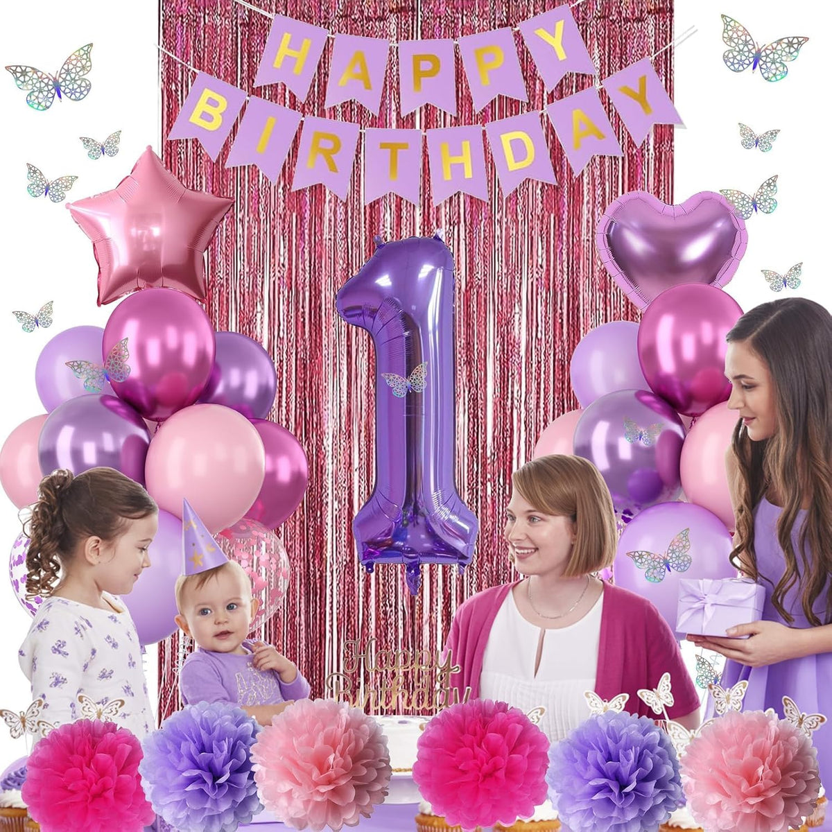 Pink Purple 1st Birthday Party Decorations for Girls Number 1 Balloon Happy Birthday Banner