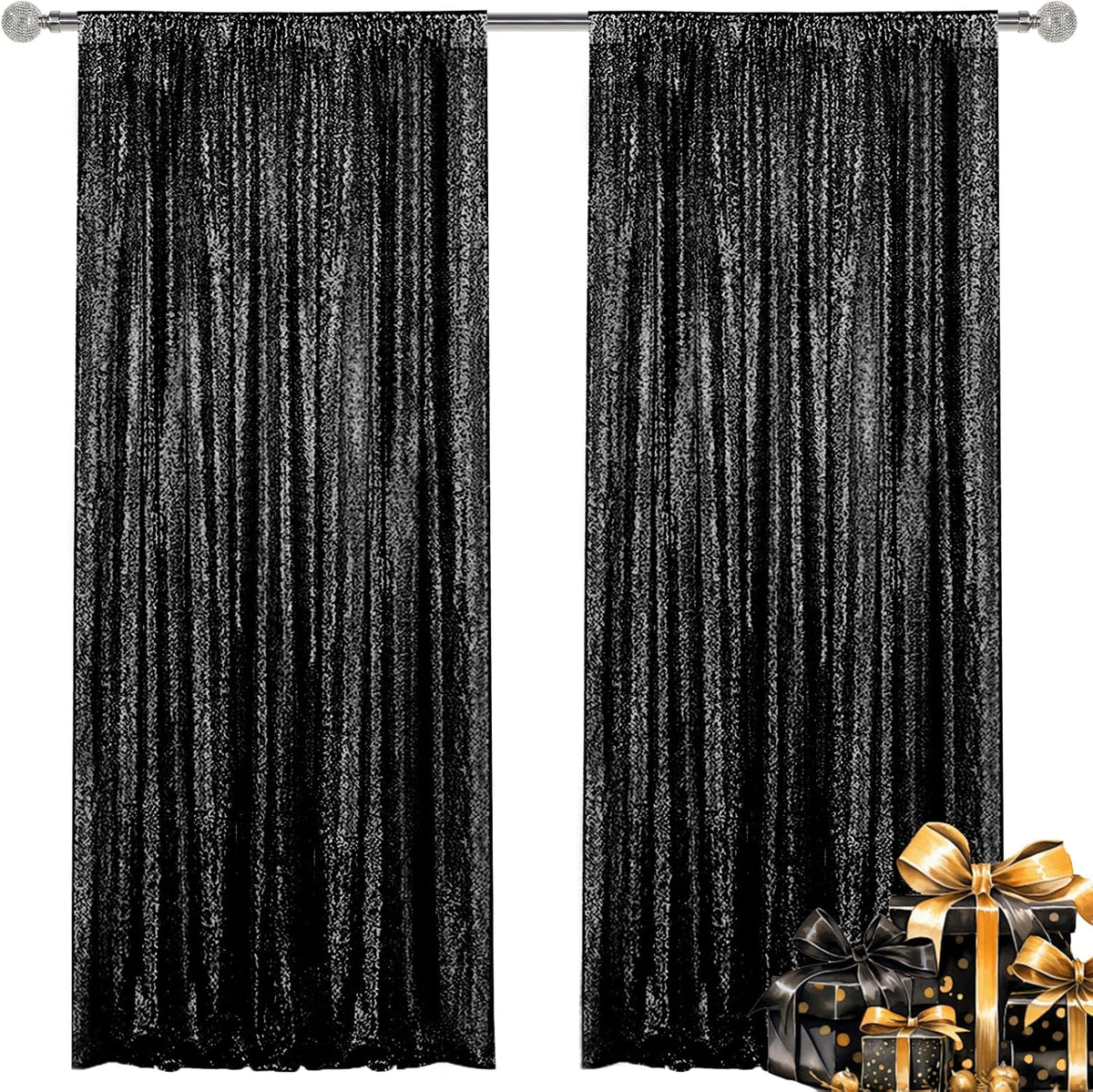 Black Sequin Backdrop Curtain 2 Pieces 2FTx8FT Glitter Photography Backdrop for Party Wedding