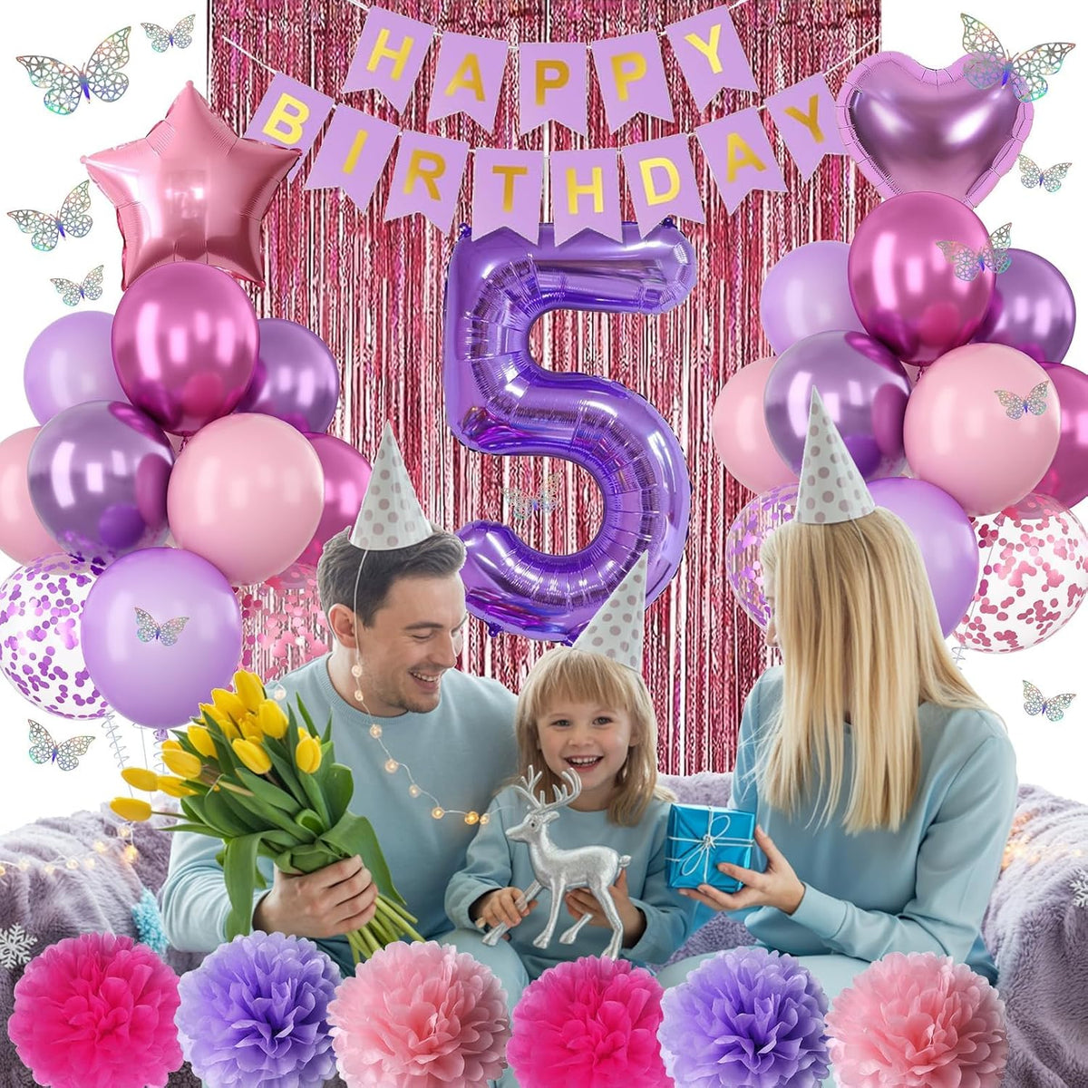 Pink Purple 5th Birthday Party Decorations for Girls Number 5 Balloon Happy Birthday Banner