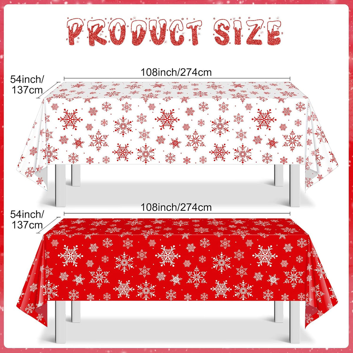 12 Pieces Christmas Snowflake Plastic Party Tablecloth Decorations,54x108 inch Disposable White Red