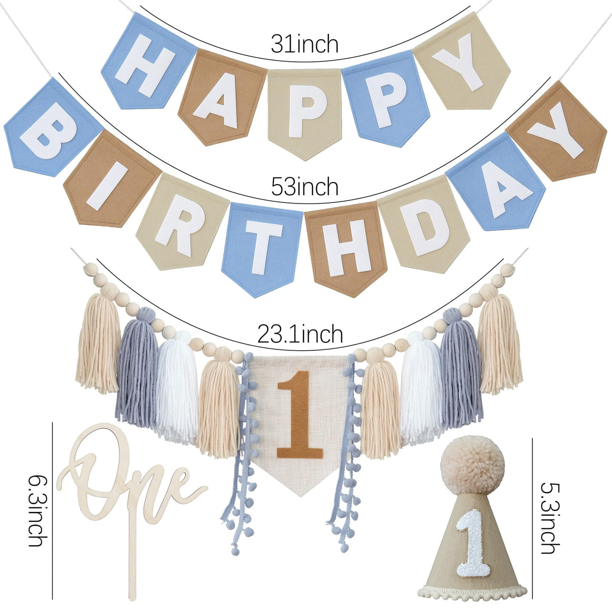 DCJHFJ First Birthday Decorations for Boy Felt Khaki Blue Happy Birthday High Chair Banner