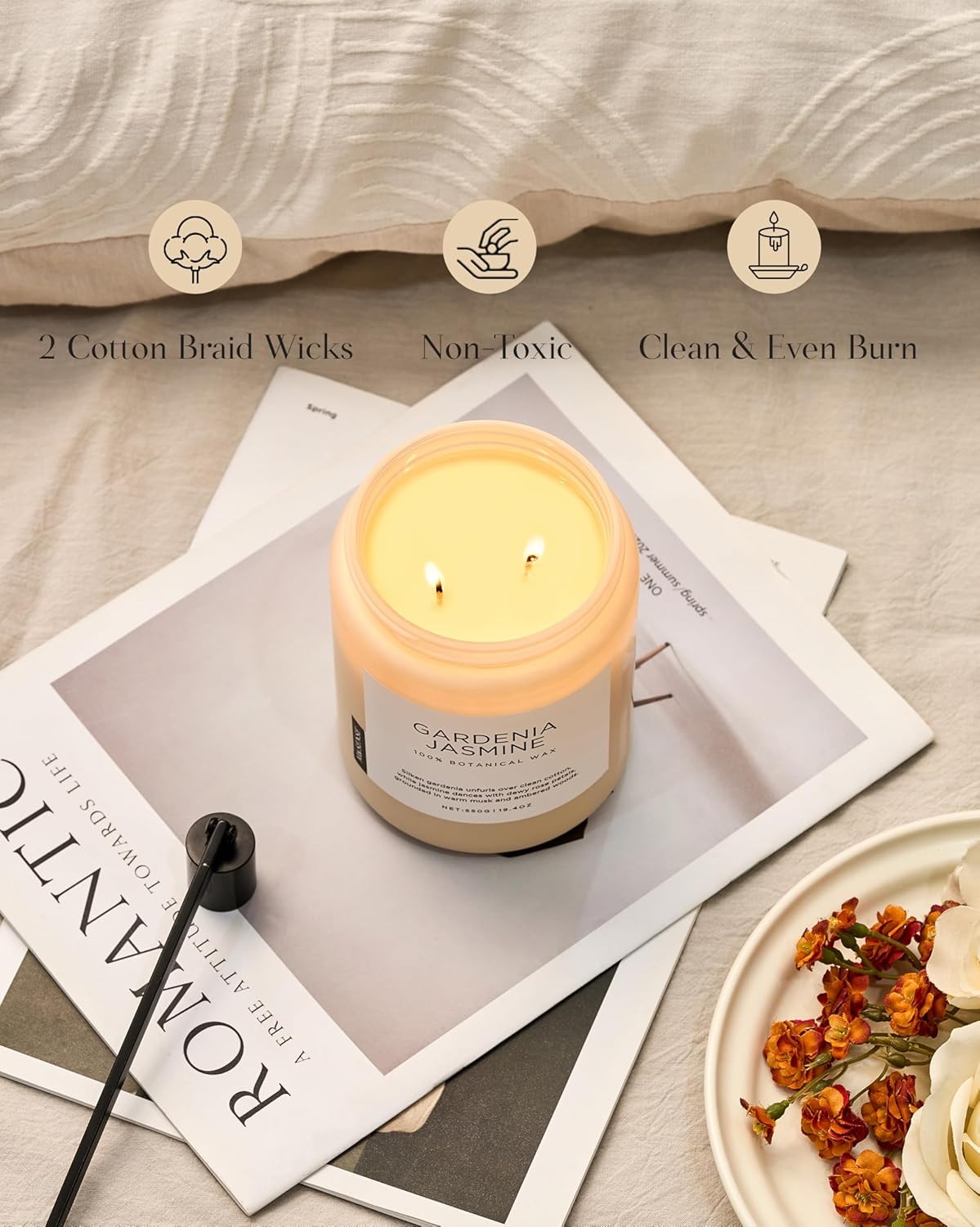 M&SENSE Gardenia Jasmine Scented Candle, 110 Hours Slow Burning Clean Non Toxic 19.4oz 2 Wicks