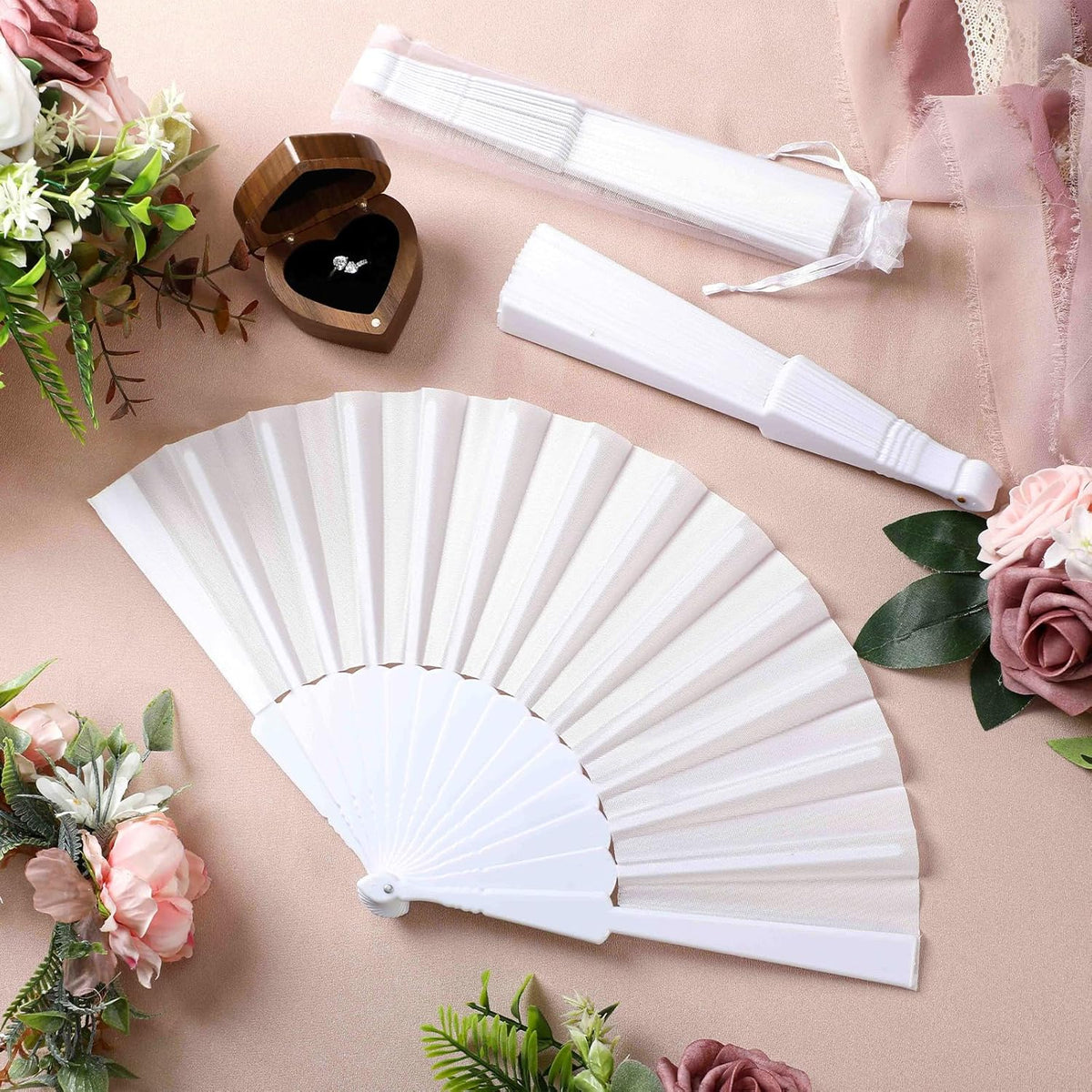 Wenqik 80 Pcs Wedding Folding Hand Fans Bulk Silk Fabric Chinese Handheld Foldable Clack Fans with