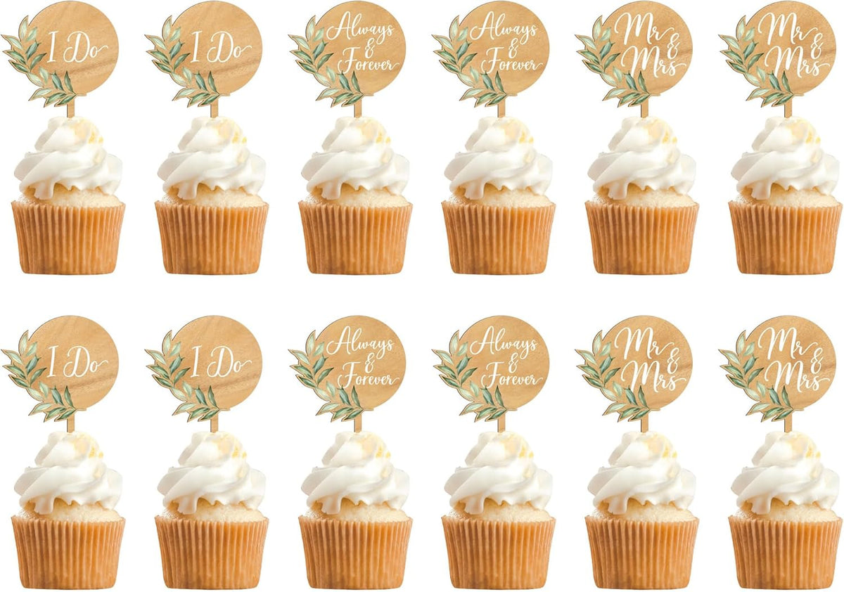 Mr & Mrs Cake Topper & 12 PCS Wedding Cupcake Toppers Green Wedding Decorations in Wood