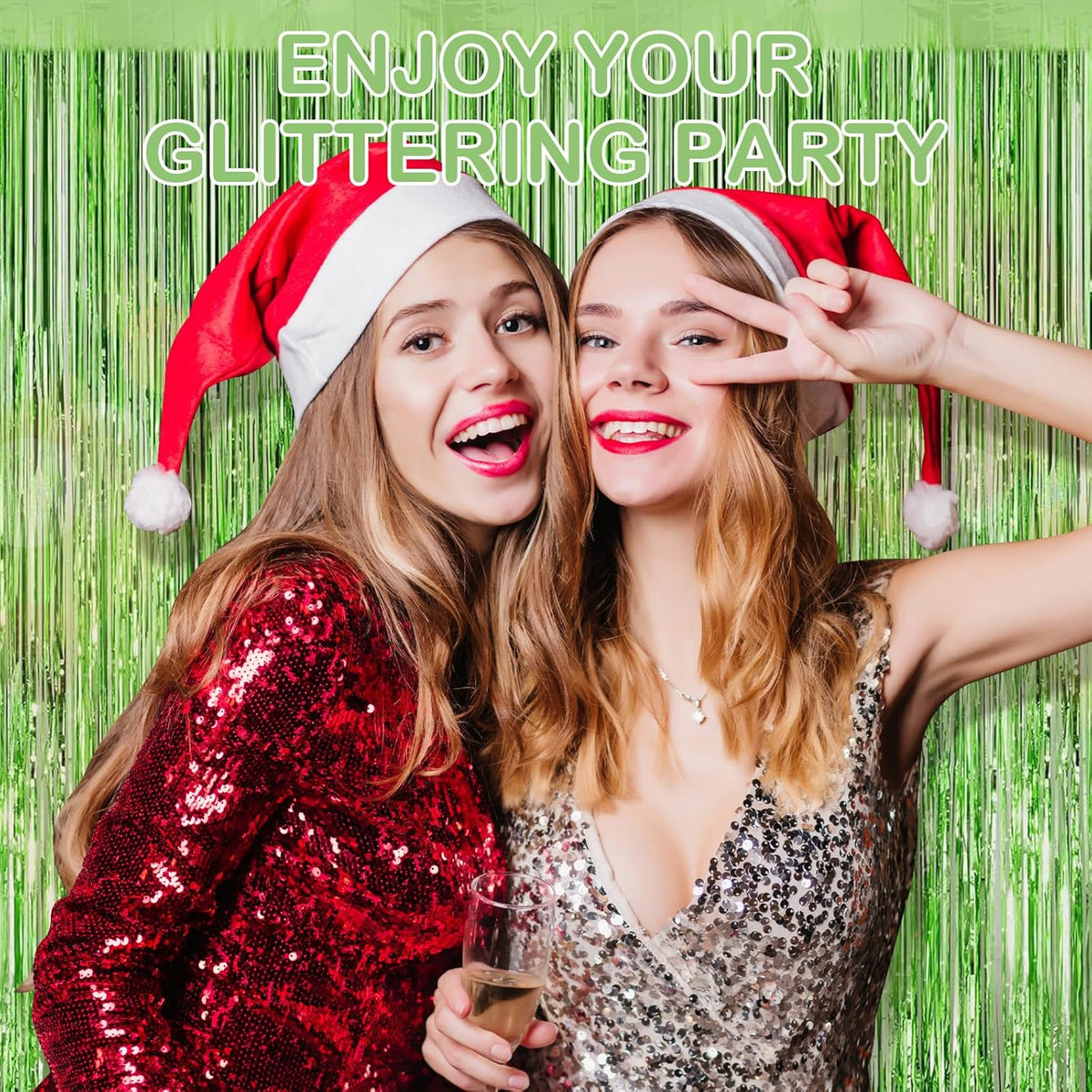 Light Green Fringe Curtain Party Streamers, 12 Pack 3.3ft x 8.2 ft Foil Curtain Backdrop Tinsel