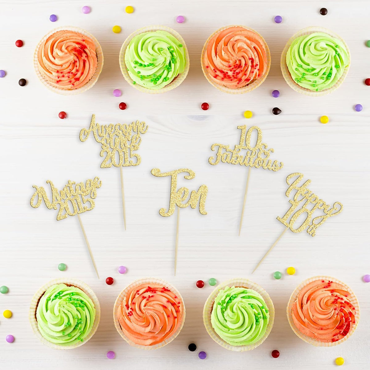 30Pcs Vintage 2015 Cupcake Toppers Glitter Happy 10th Birthday 10 Fabulous Cupcake Picks Cheers to