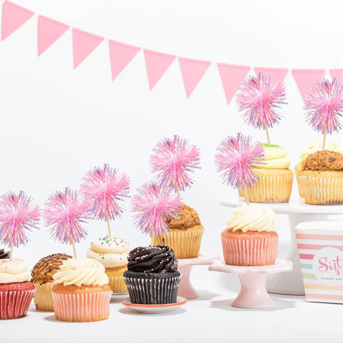 Gyufise 30Pcs Foil Firework Cupcake Toppers Sparkle Tinsel Cake Toppers Tinsel Drink Cake