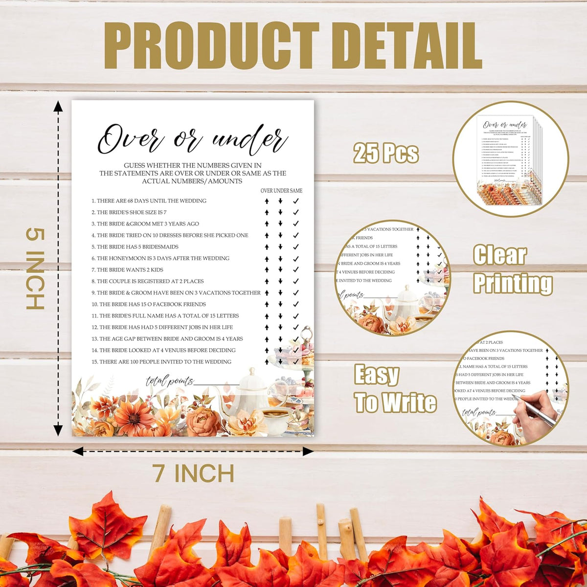 Fall Bridal Shower Games Cards, Over Or Under Wedding Bachelorette Party Games, Fall in Love Bridal