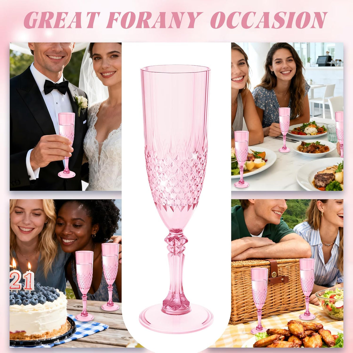 Plastic Champagne Flutes, 24PCS Pink Wine Glasses Goblets Cups Reusable Flute, for Weddings