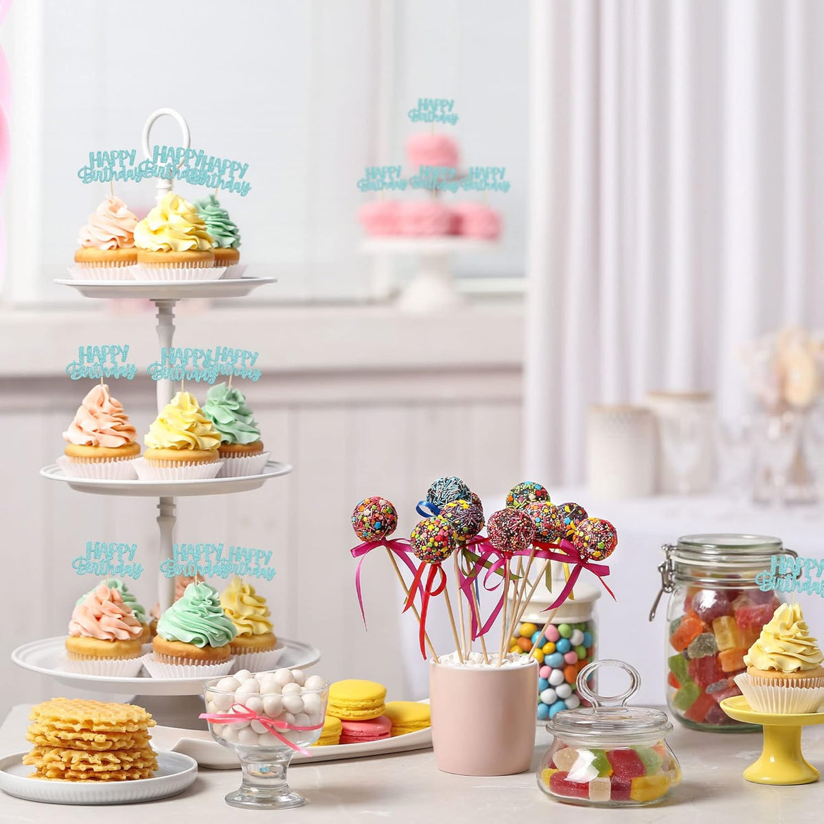 Gyufise 24Pcs Happy Birthday Cupcake Toppers Glitter Birthday Cupcake Food Picks for Celebrating