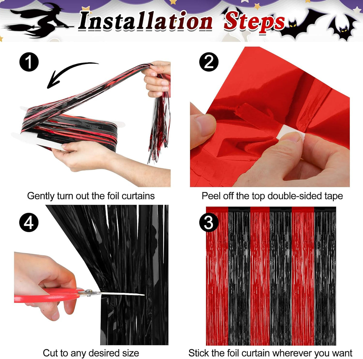 8 Pack Halloween Party Supplies, 3.28 FT x 7.05 FT Red and Black Foil Streamer, Metallic Fringe