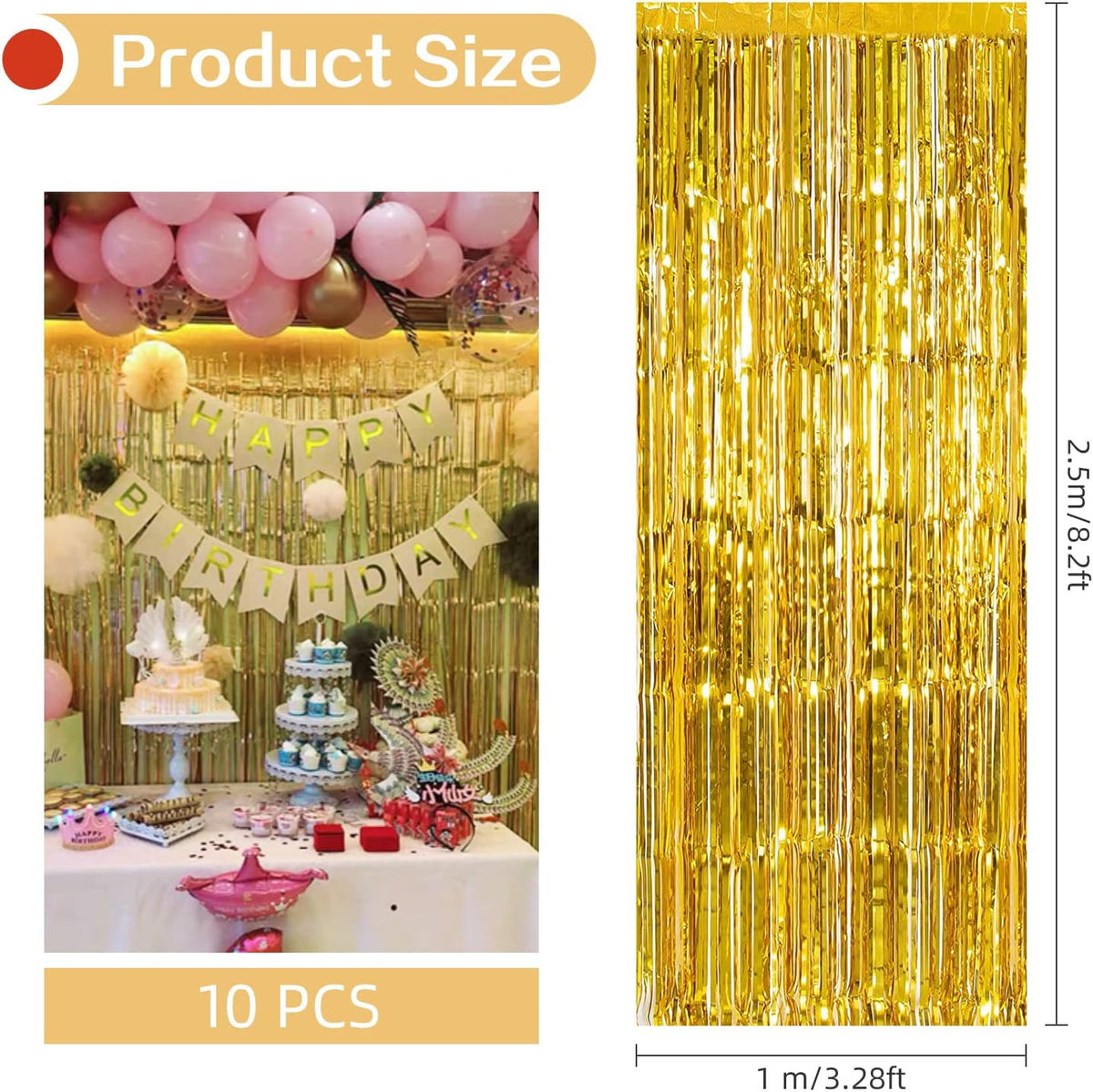 10 Pack Gold Backdrop Curtain 3.2ft x 8.2ft Metallic Tinsel Foil Fringe Curtains Photo Booth