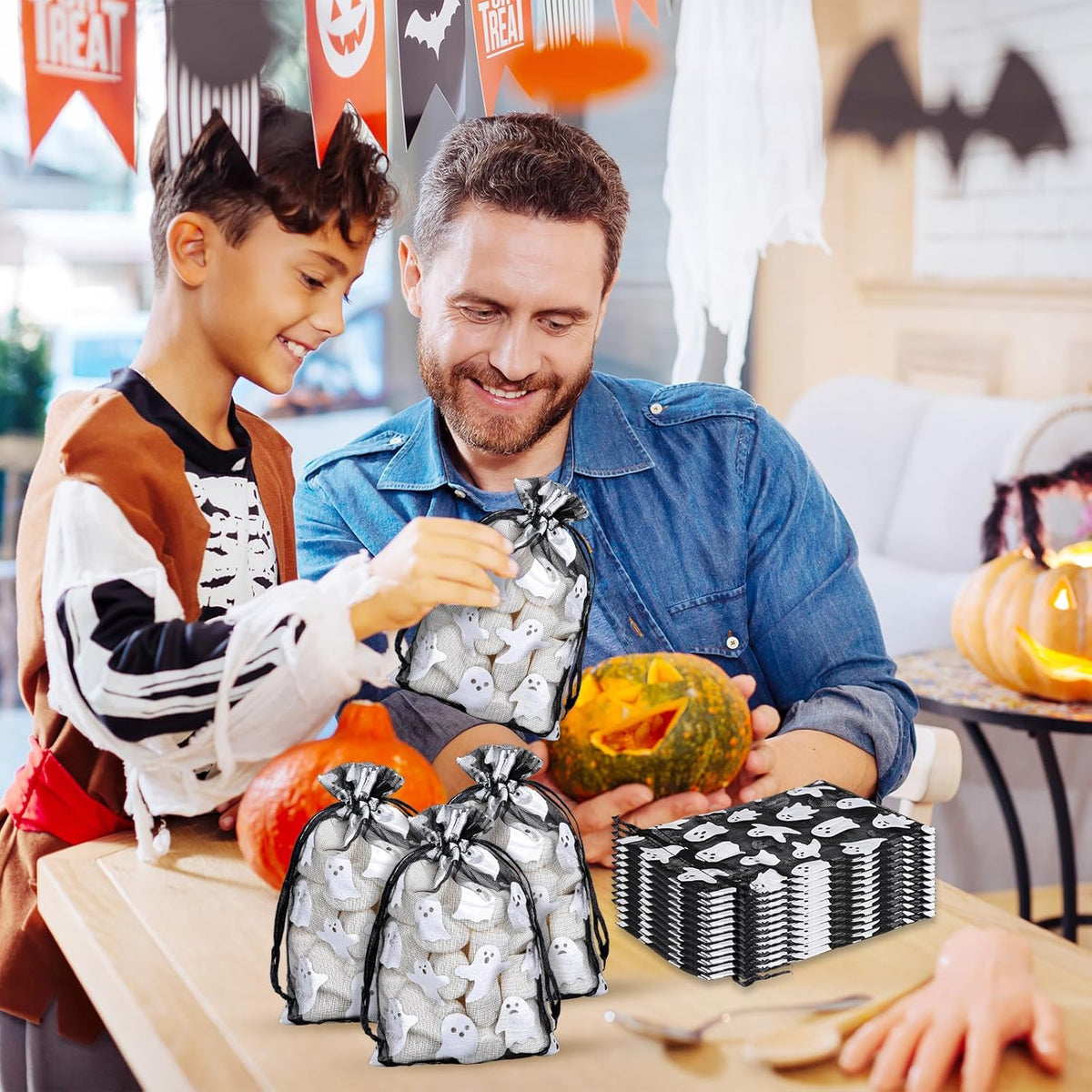 Whaline 100Pcs Halloween Organza Drawstring Bags Cute Foil Silver Ghost Jewelry Gift Bag 4''x6''