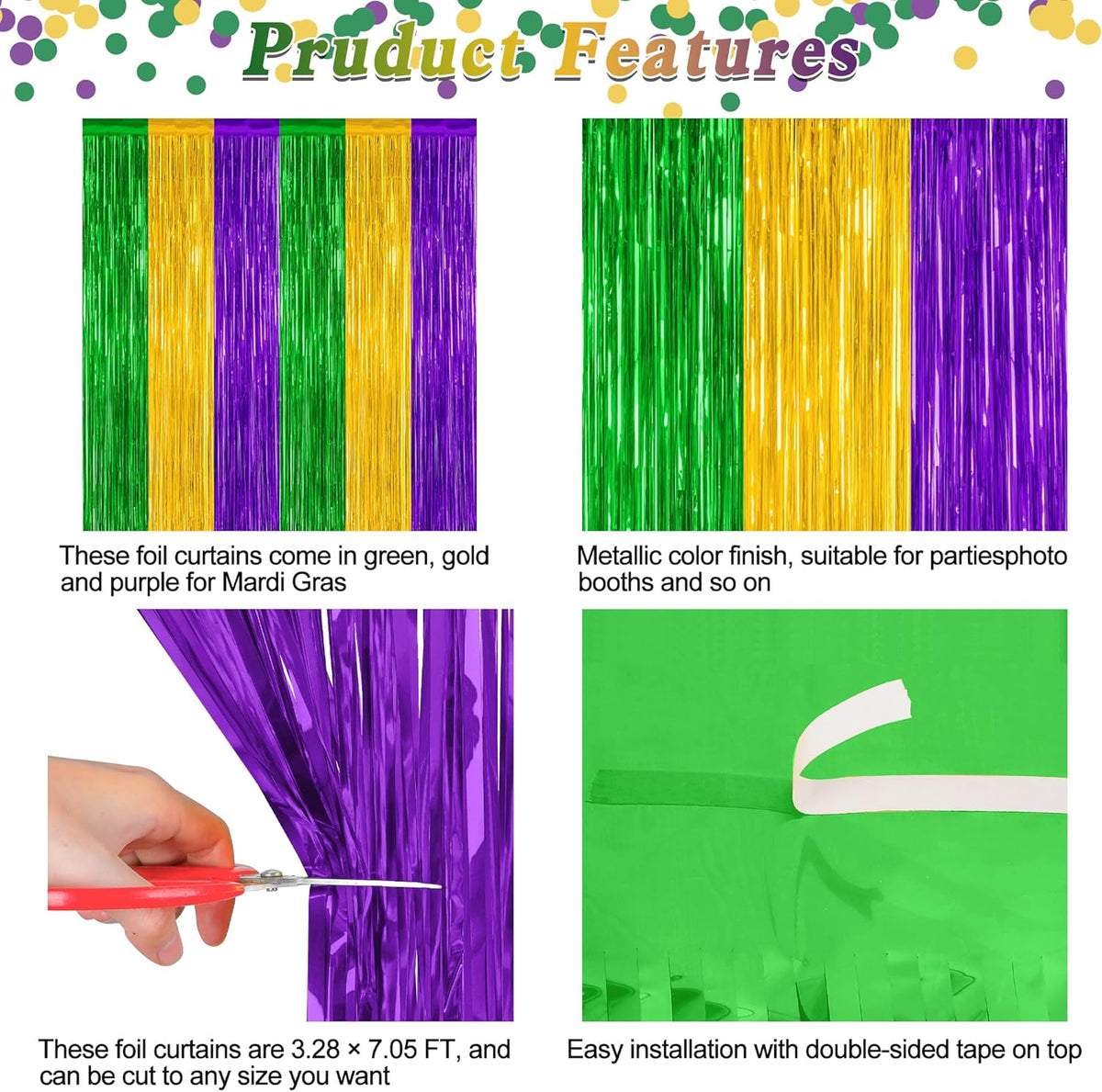 2 Pack Mardi Gras Tinsel Backdrop, 3.28 FT x 7.05 FT Metallic Fringe Curtain, Purple Gold Green