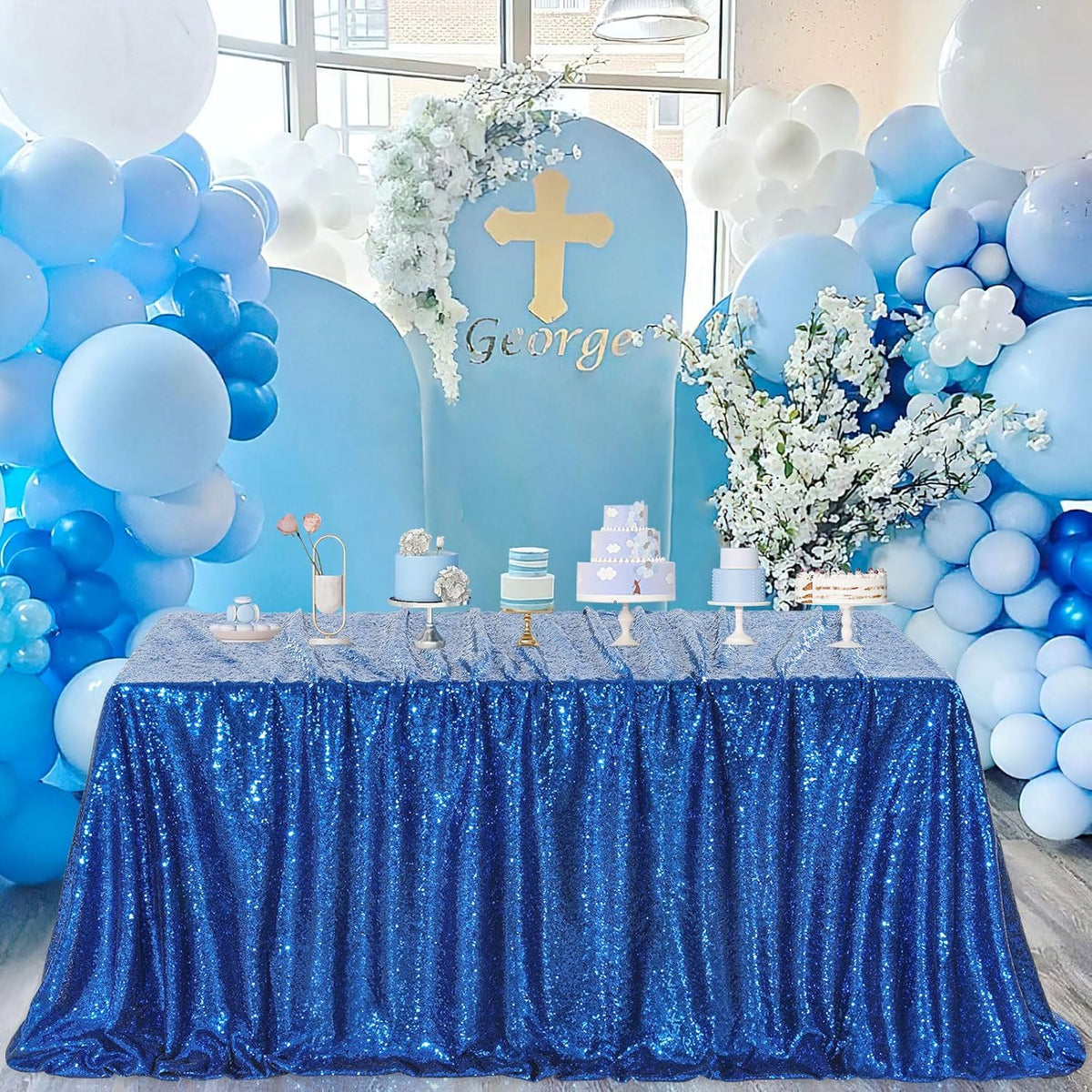 QueenDream Sequin Tablecloth Royal Blue Party Decorations: 60x102 Inch Glitter Table Cloth for