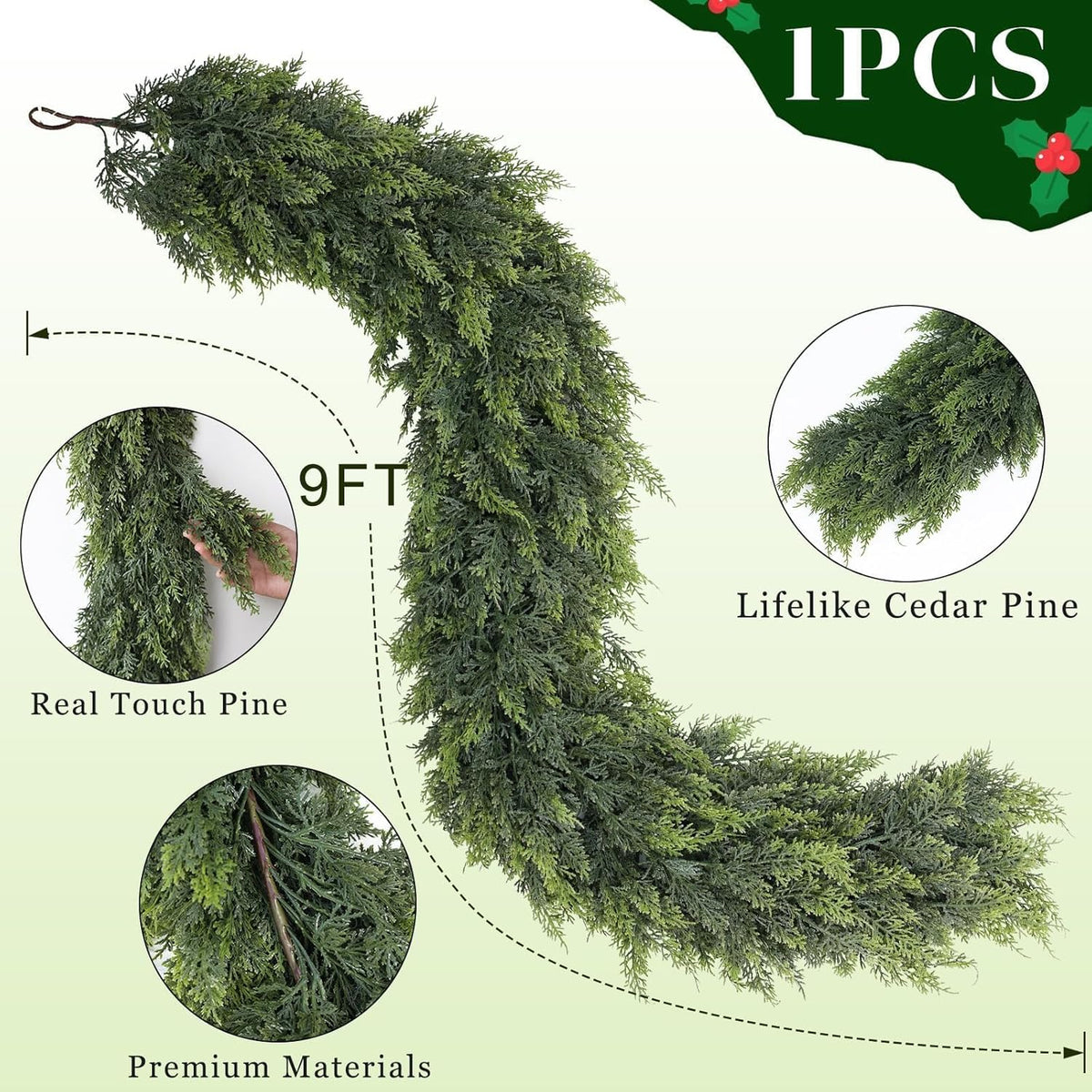 Christmas Cedar Garland - 9ft Artificial Cedar Garland Faux Lush Green Fake Pine Needles for