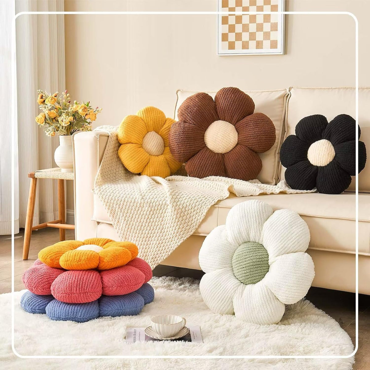 Flower Throw Pillow, Soft Black 17.7" Shaped Floor Pillow for Home Decor, Cute Aesthetic Plush