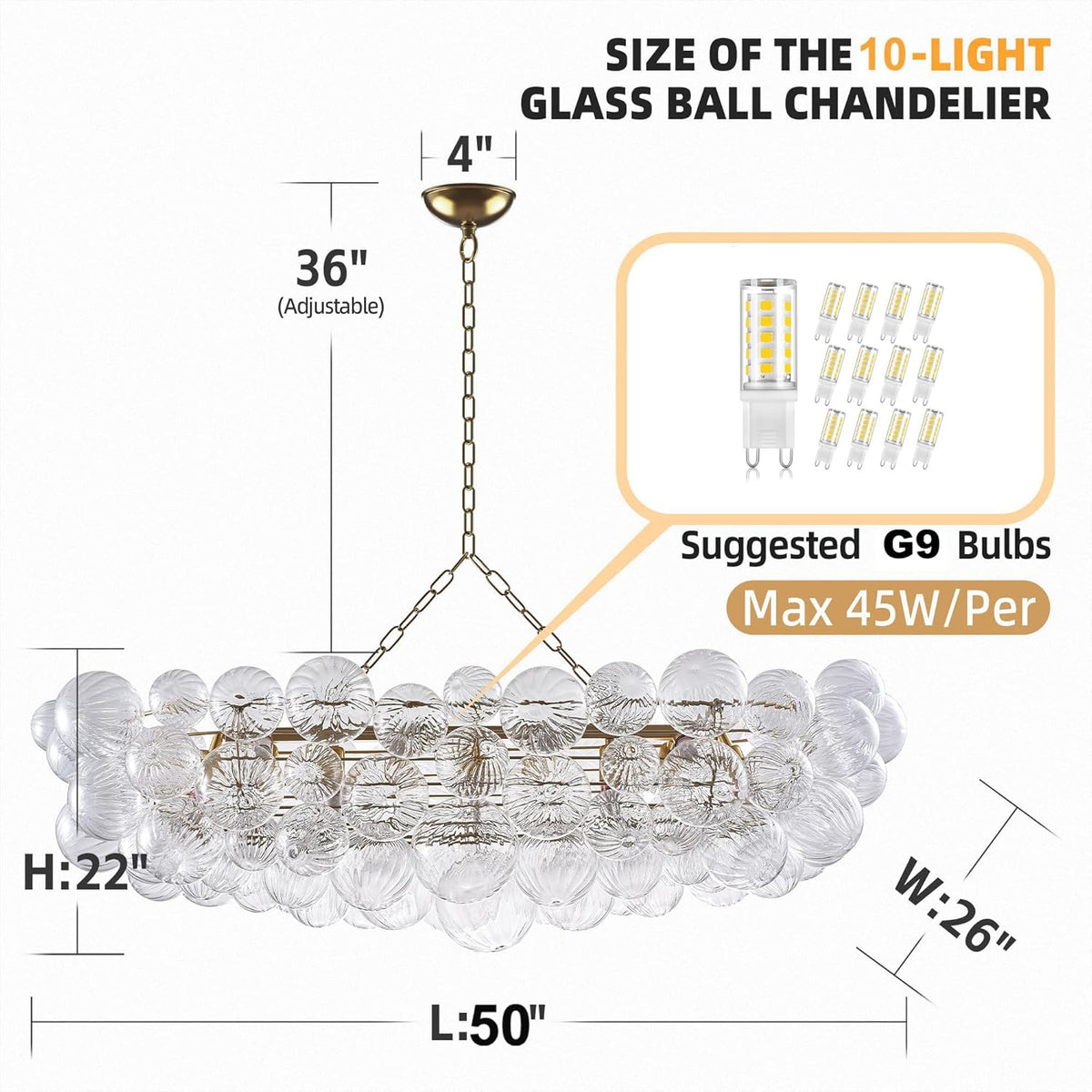 Nordic Bubble Ball Swirled Glass Chandelier 50 inch Rectangular Island Light Fixture Gild Gold and