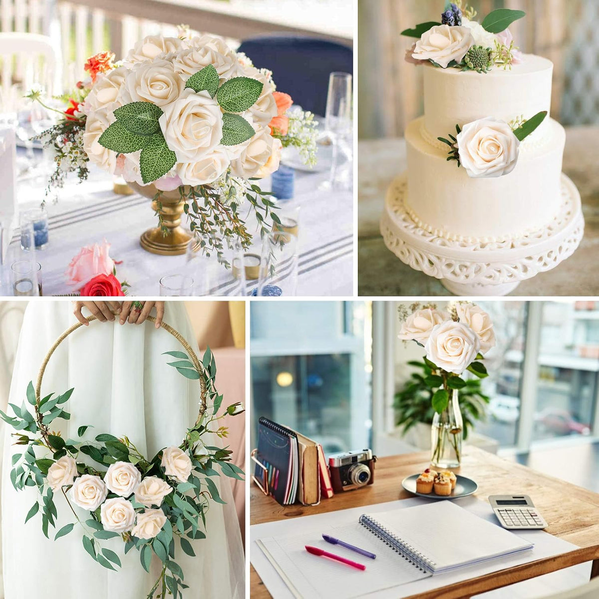 AmyHomie Artificial Flower Champagne Rose 25pcs Real Looking Fake Roses w/Stem for DIY Wedding