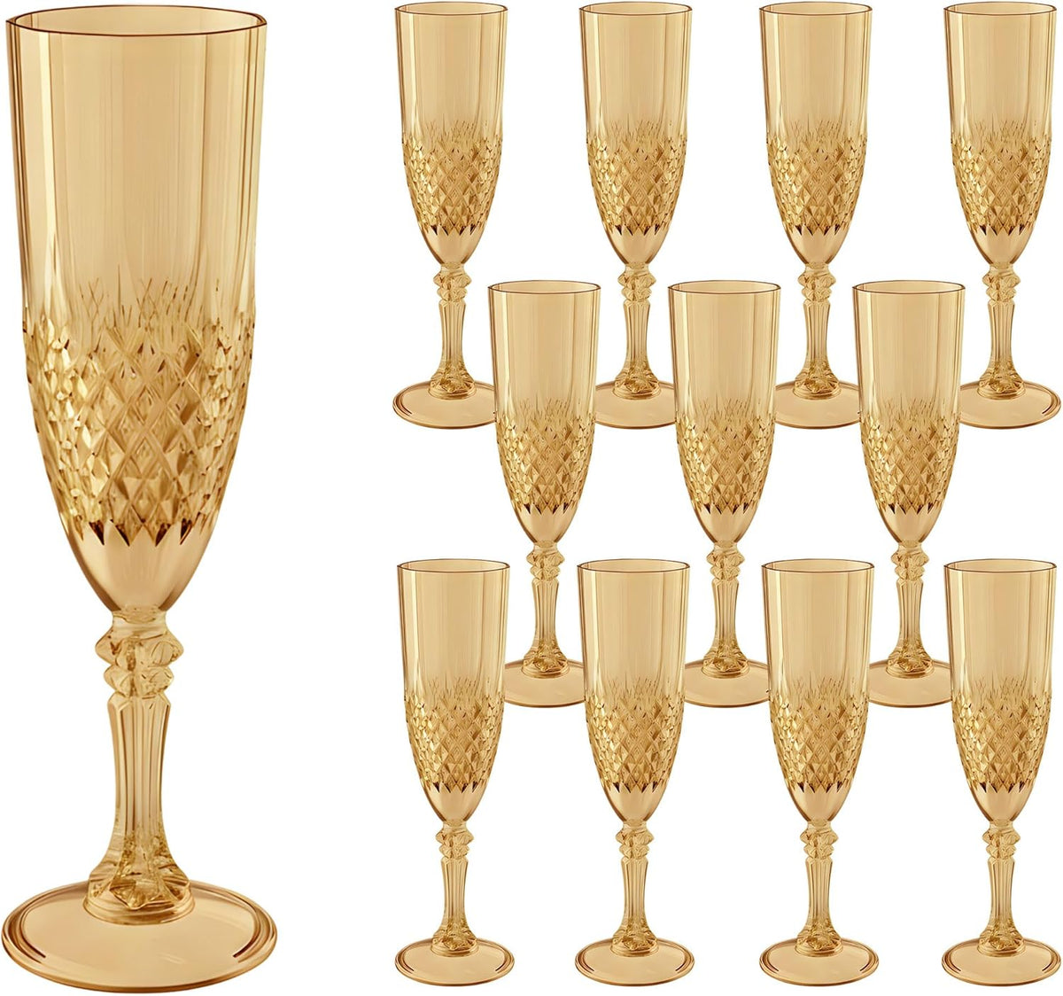 Plastic Champagne Flutes, 12PCS Gold Wine Glasses Goblets Cups Reusable Flute, for Weddings