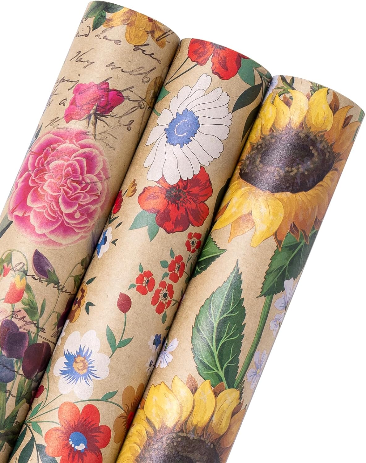 WRAPAHOLIC Kraft Floral Wrapping Paper - Mini Roll - 3 Rolls - 17 Inch x 120 Inch - All Occasion