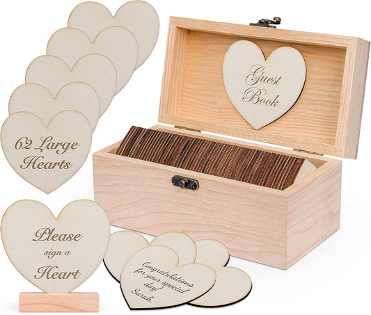 Jecor Alternative Guest Book Box - Wedding Guest Book Alternative - 62 Large Wooden Hearts - Also