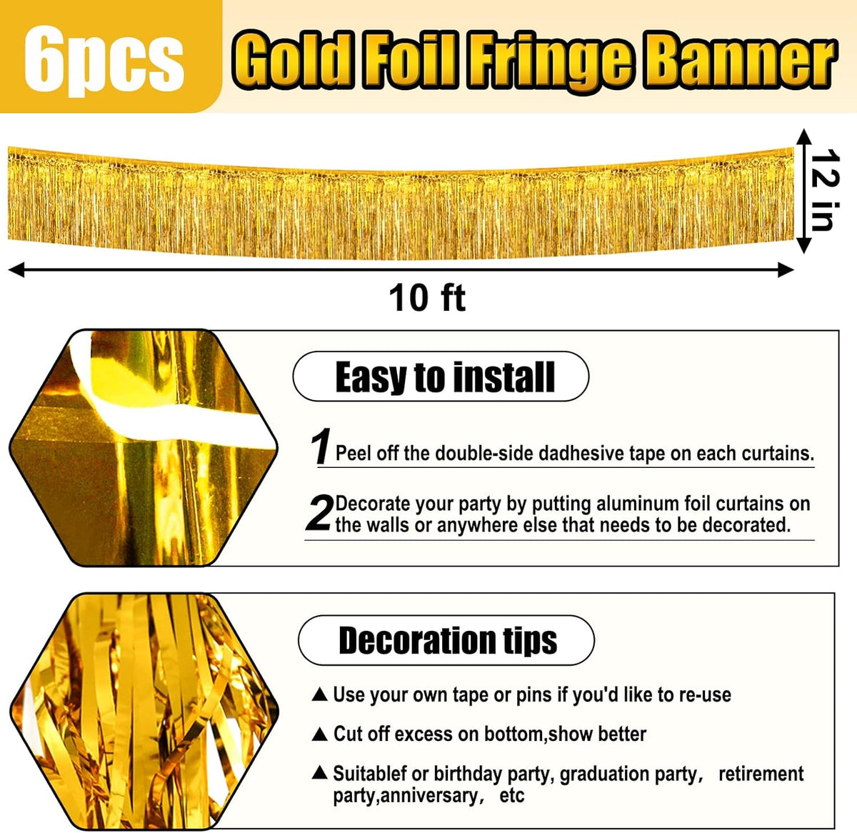 6 Pack 10 Feet Gold Foil Fringe Garland Metallic Tinsel Streamers Banner Wall Hanging Curtain