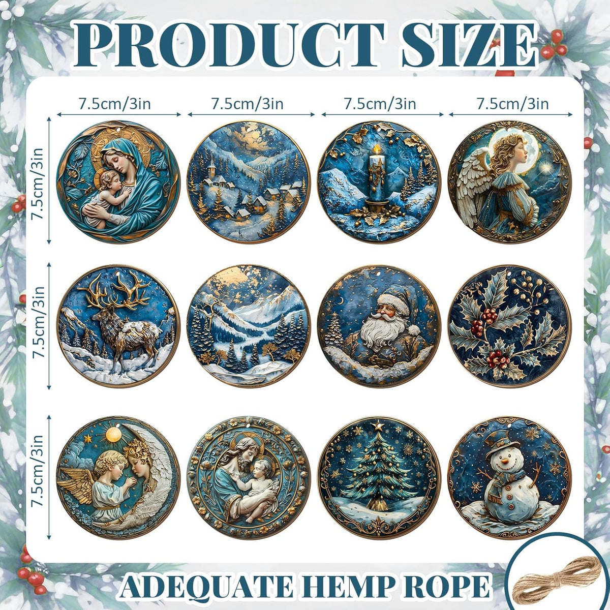 Suzile 36 Pcs Christmas Wooden Ornaments Navy Blue Christmas Tree Decoration Retro Round Nativity
