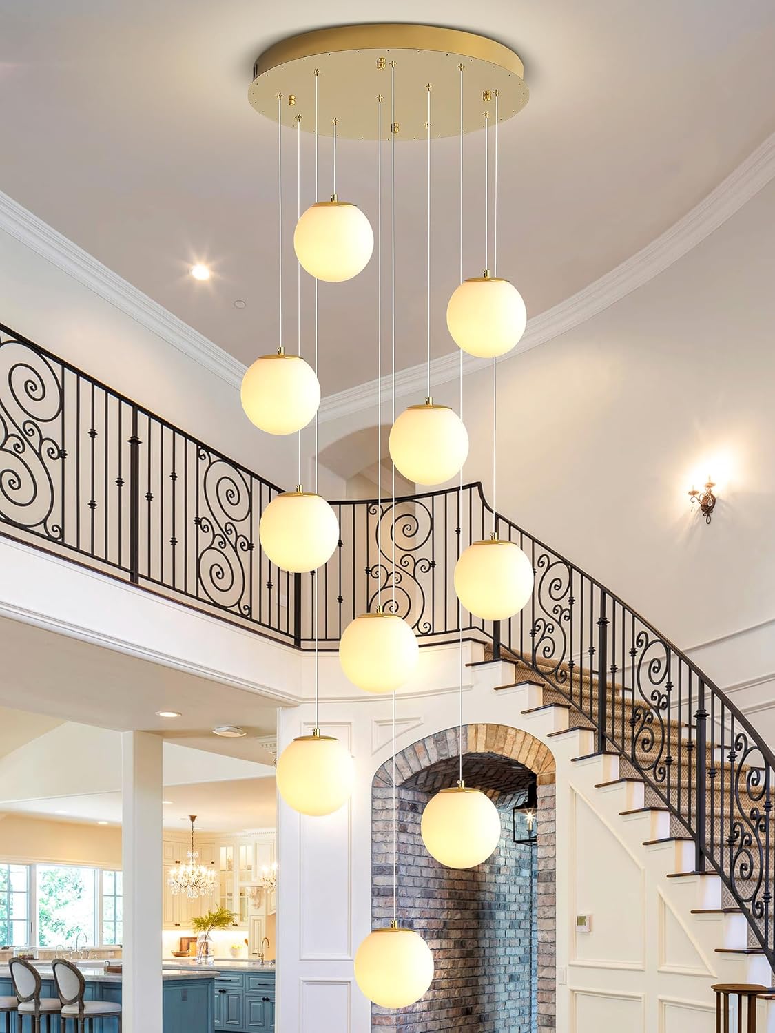 H118 Large Chandeliers for High Ceilings,12-Lights Mid Century Globe Chandelier Gold Modern Globe