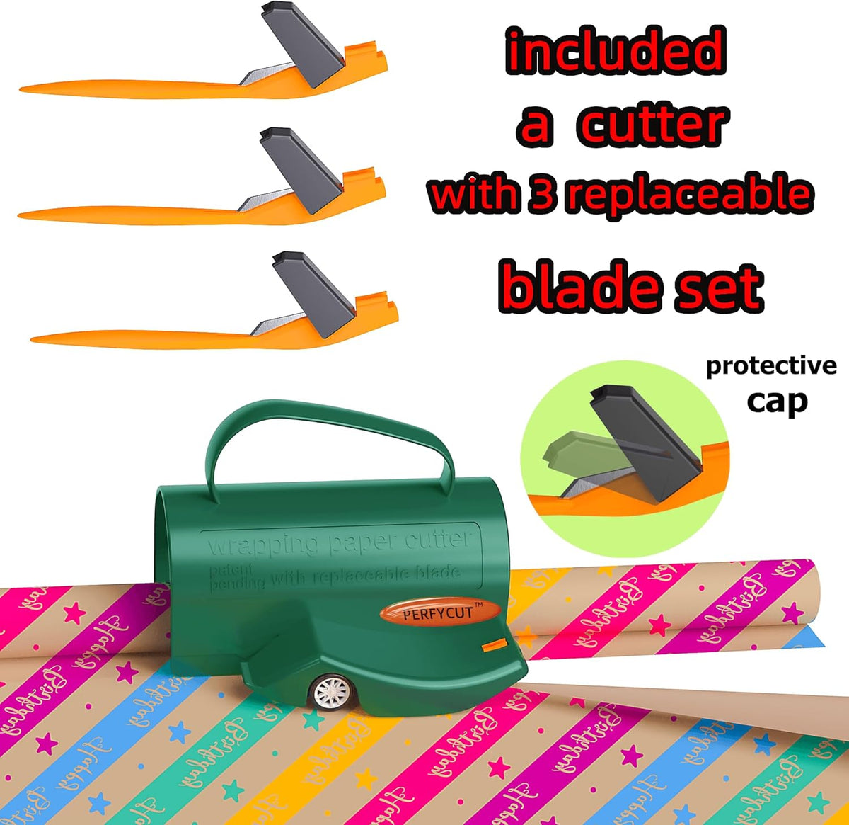 Wrapping Paper Roll Cutter Tool with 3 pcs Replaceable Blade Kit Gift Wrapping Paper Cutter for