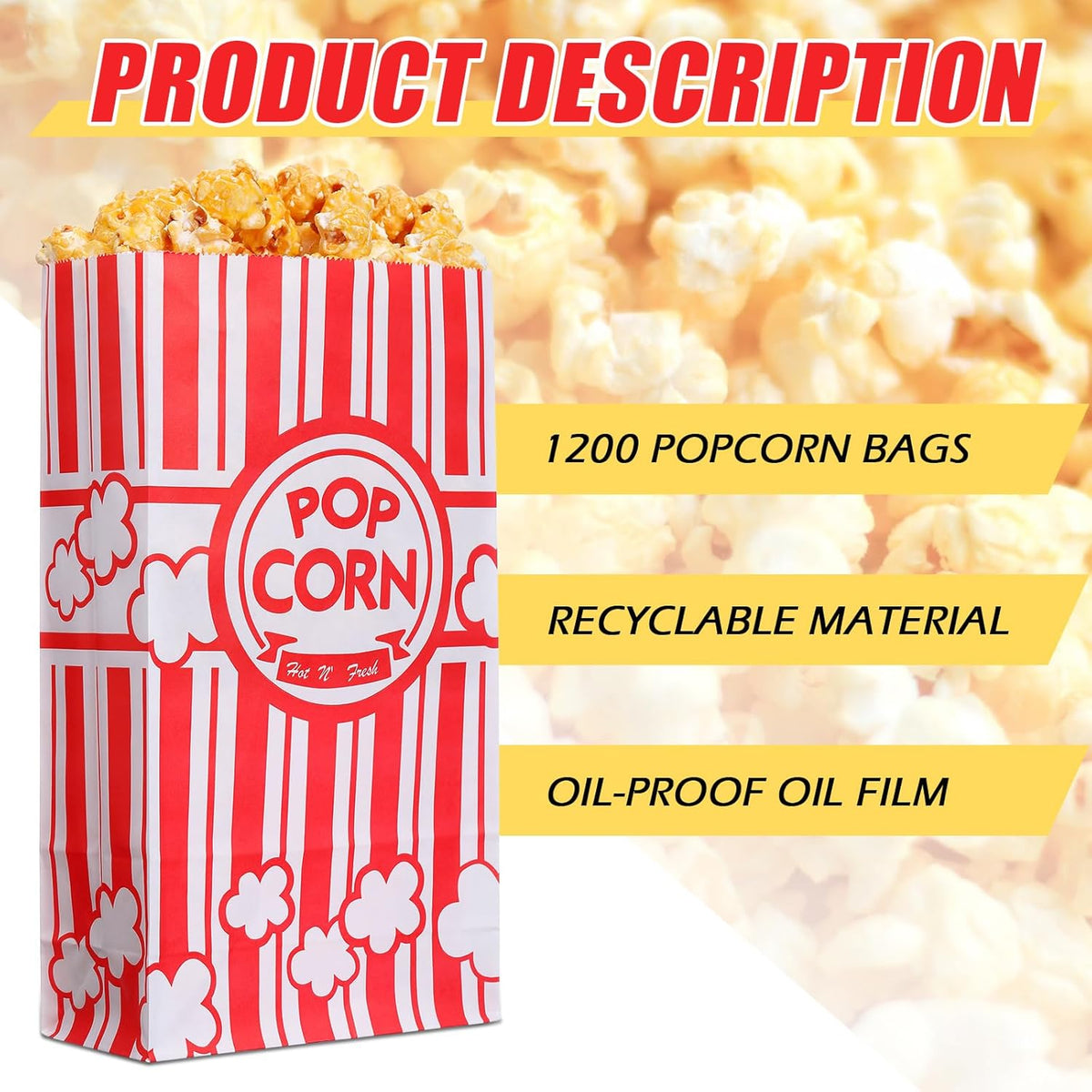 1200 Pcs Paper Popcorn Bags Bulk 2 oz Large Flat Bottom Boxes Red and White Disposable Container