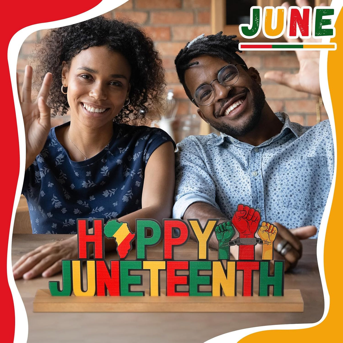 Happy Juneteenth Metal Sign Rustic Table Decor Holiday Tiered Tray Decor with Wooden Base