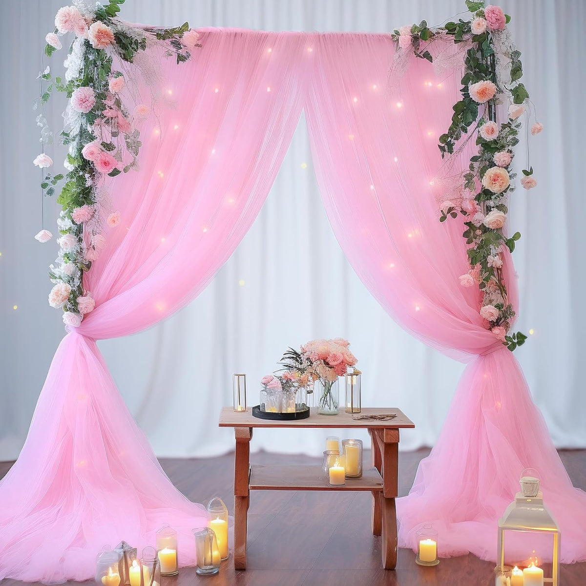20ft x 10ft Pink Tulle Photo Backdrop Curtain with Lights String for Baby Shower Sheer Baby Pink