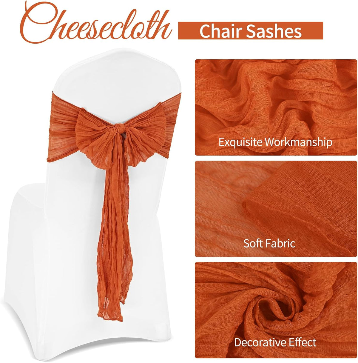 36 Pcs Burnt Orange Cheesecloth Chair Sashes, 16 x 108 inch Gauze Fabric Washable Chair Sashes Bows