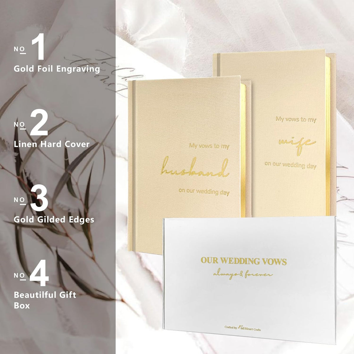 Vow Books His and Hers Set of 2 Canvas Linen Wedding Vow Books Husband and Wife Hard Cover Vow